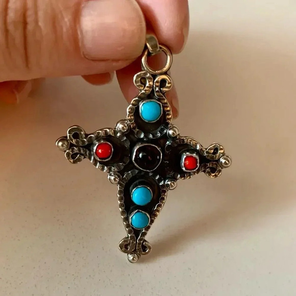 Vintage (?) Mexico Sterling 925 Turquoise Coral MATL Style Cross Pendant - Picture 2 of 5